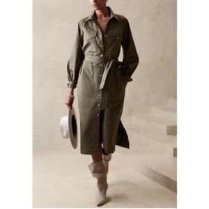 Banana Republic Women’s olive green utility tweed midi snap front shirt dress M